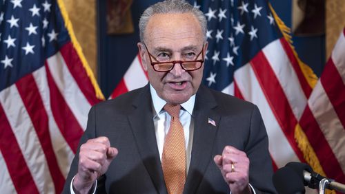 FILE - Senate Majority Leader Chuck Schumer, D-N.Y., speaks on Capitol Hill in Washington, July 23, 2024. Schumer is predicting that Democrats will keep control of the Senate. He said in an interview with AP he felt "exhilarated and gratified" by the surge of enthusiasm with Vice President Kamala Harris atop the party ticket. (AP Photo/J. Scott Applewhite, File)