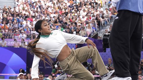 FILE - United States Logan Edra, known as B-Girl Logistx competes during the Round Robin Battle at the breaking competition at La Concorde Urban Park at the 2024 Summer Olympics, Aug. 9, 2024, in Paris, France. (AP Photo/Frank Franklin, File)