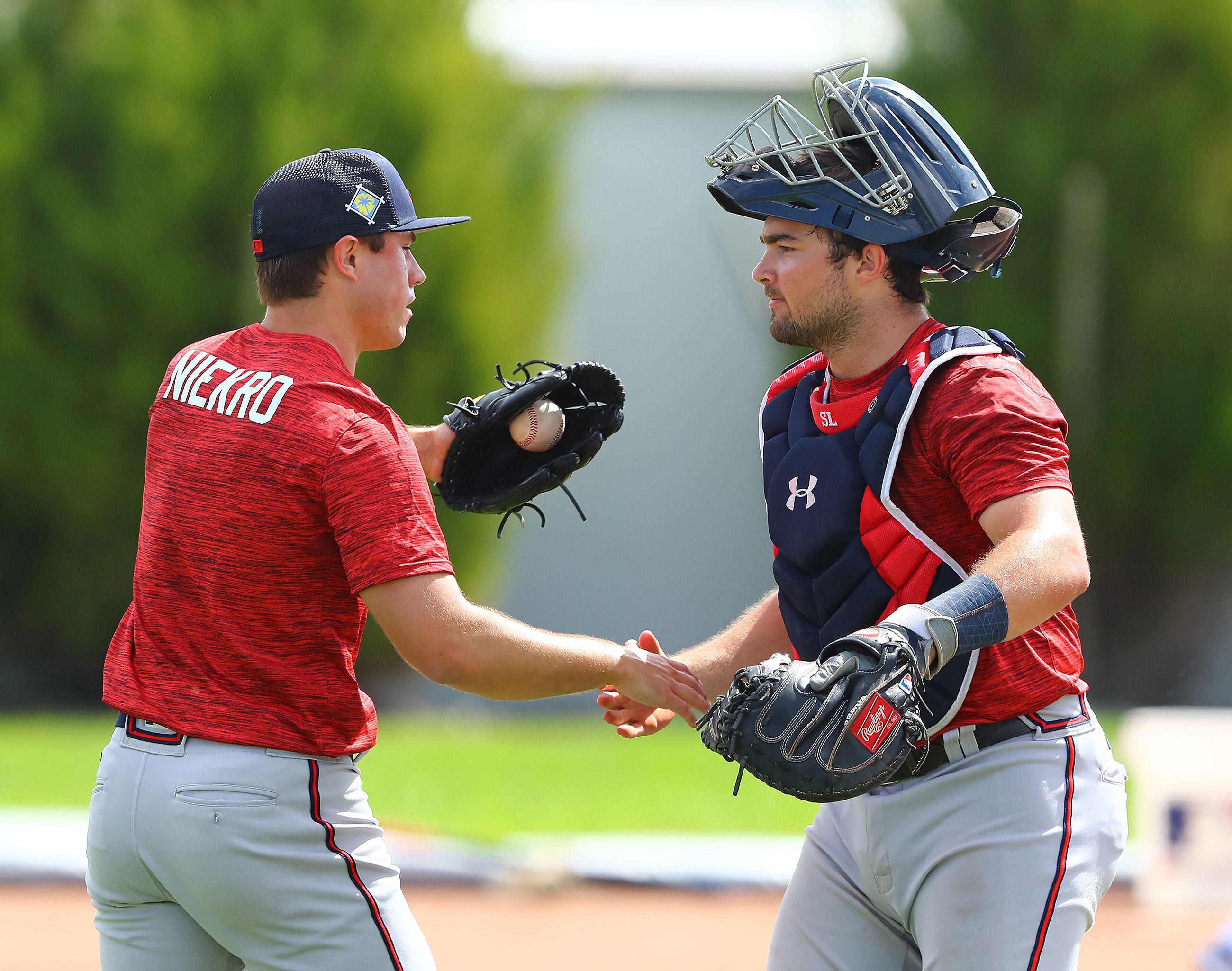 The Las Vegas Aviators catcher Shea Langeliers (33) speaks during an  interview with the Review- …