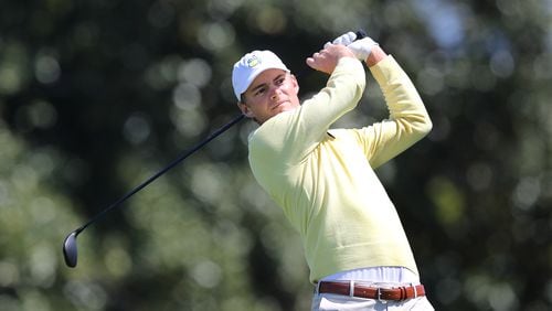 Tyler Strafaci, the reigning U.S. Amateur champion by way of Georgia Tech, tees off on No. 10 for some back-nine practice at the Masters.   “Curtis Compton / Curtis.Compton@ajc.com”