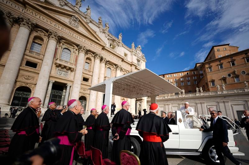 Pope Francis arrives for his weekly general audience in St. Peter's Square, at the Vatican, Wednesday, Sept. 18, 2024. (AP Photo/Andrew Medichini)