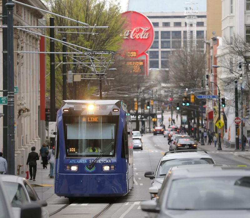 The Atlanta Streetcar makes its way up Peachtree Street in March.
