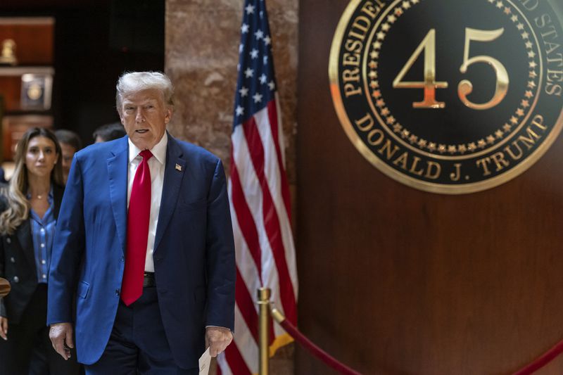 Former President Donald Trump arrives for a news conference held at Trump Tower, Friday, Sept., 6, 2024, in New York. (AP Photo/Stefan Jeremiah)