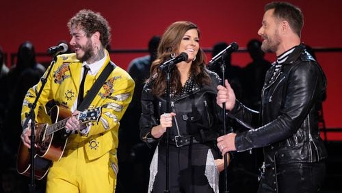 ELVIS ALL-STAR TRIBUTE --  -- Pictured: (l-r) Post Malone, Karen Fairchild and Jimi Westbrook of Little Big Town -- (Photo by: Tyler Golden/NBC)