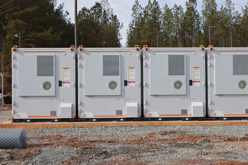 Views of battery containers are shown on Tuesday, Nov. 14, 2023 at the site of a new battery energy storage system (BESS) that Georgia Power is constructing and bringing online near Columbus, Ga. (Natrice Miller/ Natrice.miller@ajc.com)