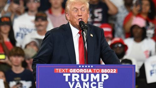 Former President Donald Trump speaks during a rally at the Georgia State University’s convocation center on Saturday, August 3, 2024 in Atlanta. Former President Donald Trump and Vice-Presidential candidate JD Vance are holding their first rally together in Georgia on Saturday at the same place – the GSU Convocation Center- Kamala Harris held hers earlier this week.  (Hyosub Shin / AJC)