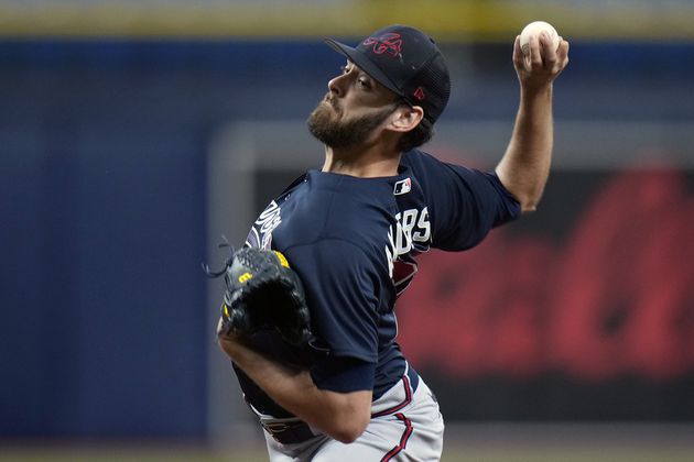 Atlanta Braves pitcher Ian Anderson delivers to the Tampa Bay Rays during the first inning of a spring training baseball game Friday, March 10, 2023, in St. Petersburg, Fla. (AP Photo/Chris O'Meara)