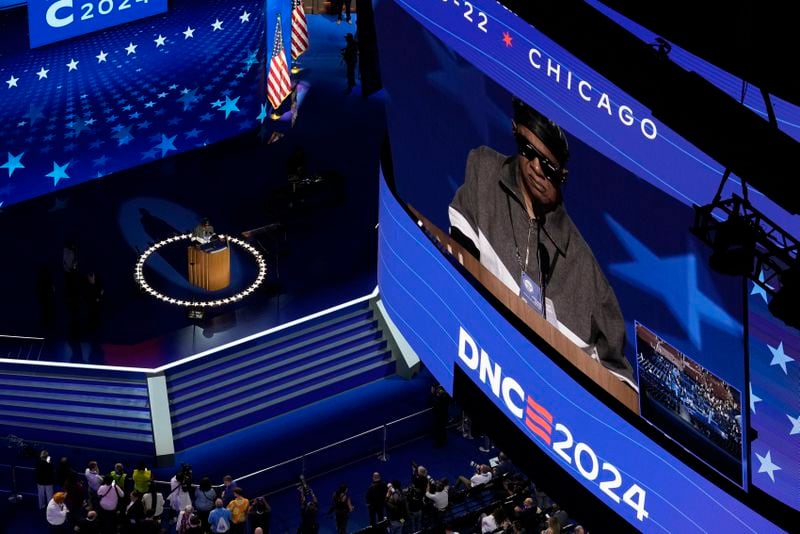 Stevie Wonder is seen during a mic check before the Democratic National Convention Wednesday, Aug. 21, 2024, in Chicago. (AP Photo/Morry Gash)