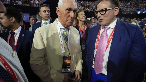 Roger Stone walks on the convention floor during the Republican National Convention Wednesday, July 17, 2024, in Milwaukee. (AP Photo/Paul Sancya)