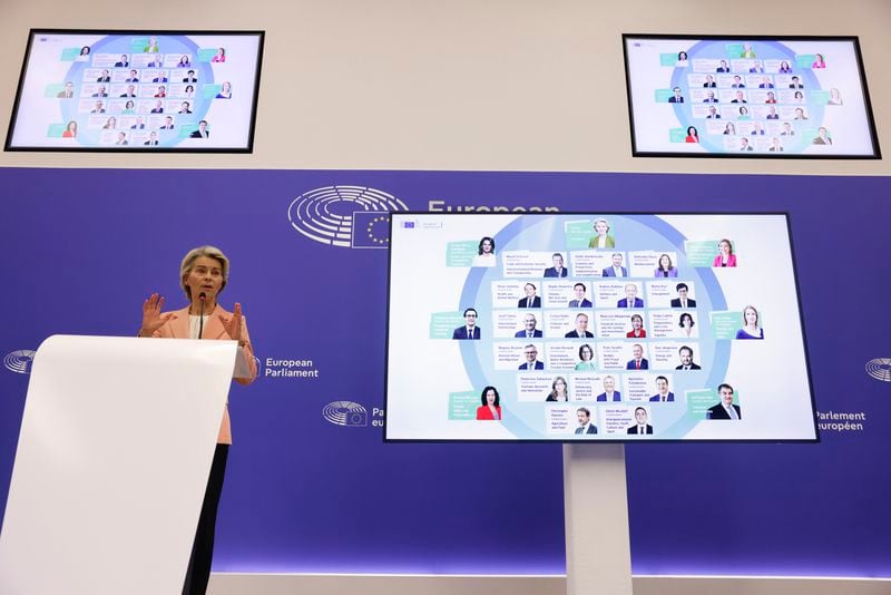 European Commission President Ursula von der Leyen presents her new team for the next five-year, during a press conference at the European Parliament, Tuesday, Sept. 17, 2024, in Strasbourg. (AP Photo/Jean-Francois Badias)