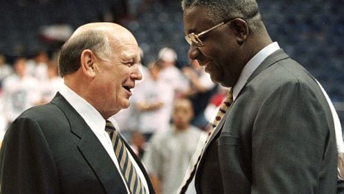 Georgia State coach Lefty Driesell, left, and Georgetown coach John Thompson chat before their game in Landover, Md. Saturday, Nov. 15, 1997. Driesell, a former University of Maryland coach, and Thompson exchanged heated words in a game the last time they met face-to-face 18 years ago. (AP Photo/Roberto Borea)