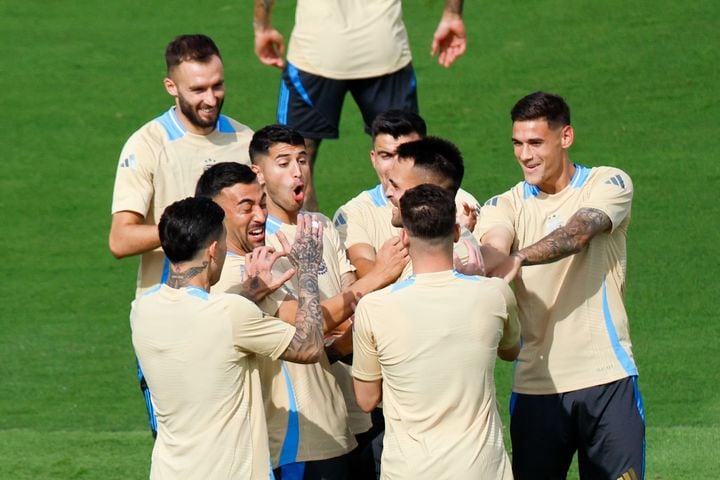 Argentina players have fun before the team practices at Fifth Third Stadium of Kennesaw State University on Wednesday, June 19, 2024, before the inaugural game of Copa America against Canada. 
(Miguel Martinez / AJC)