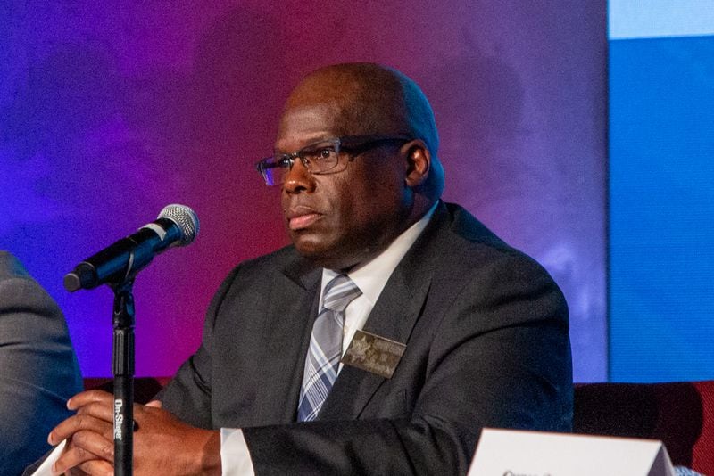 Dwayne Fabian, a candidate for Clayton County Sheriff attends a debate at Tabernacle of Praise Church International in Jonesboro on Tuesday, Jan 31, 2023. (Jenni Girtman for Atlanta Journal-Constitution)