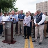 Georgia Gov. Brian Kemp addresses the media on the latest progress of the Helene Hurricane cleanup at the James Brown Arena in Augusta on Sept. 30, 2024. (Mike Adams for the AJC)