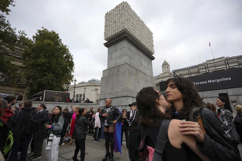 An artwork "Mil Veces un Instante (A Thousand Times in an Instant)" created by Mexican artist Teresa Margolles is placed for the Fourth Plinth, marking 25 years of the ground-breaking commissioning programme for public art at Trafalgar Square, in London, Wednesday, Sept. 18, 2024. (AP Photo/Kin Cheung)