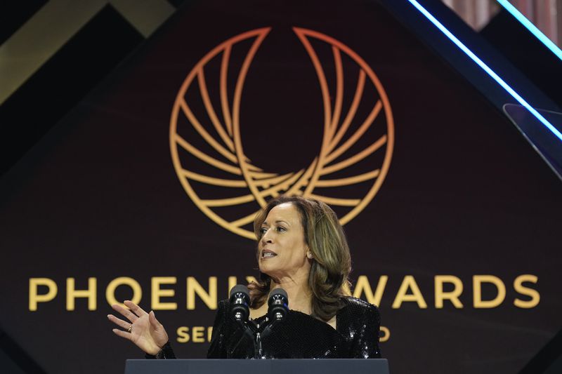 Democratic presidential nominee Vice President Kamala Harris speaks during the Congressional Black Caucus Foundation Phoenix Awards, Saturday, Sept. 14, 2024. (AP Photo/Jacquelyn Martin)