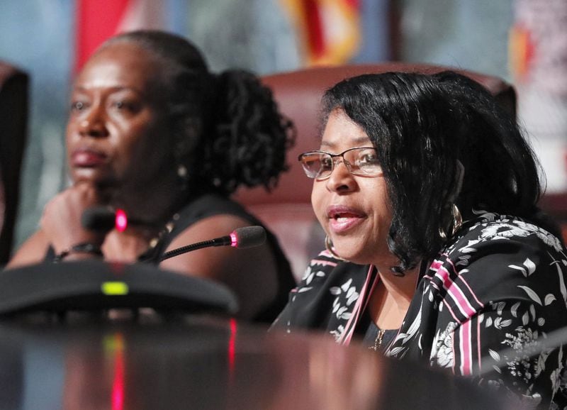 Atlanta city council members, including Andrea Boone (right) and Joyce Sheperd, attended a recent committee work session to study the Gulch deal. Atlanta Mayor Keisha Lance Bottoms decided to delay a possible vote on a package of up to $1.75 billion in public financing on the deal. BOB ANDRES /BANDRES@AJC.COM