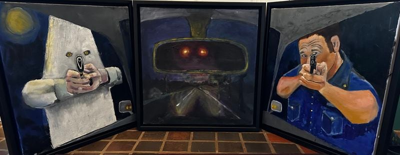These are paintings by Andrew Sheldon depicting scenes that grew out of his involvement in the cold case trials that convicted people accused of some of the most notorious killings of the civil rights era. Each image lists the name of the painting, followed by a description.