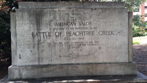 The Battle of Peachtree Creek monument was disassembled and is being stored during construction by Piedmont Healthcare.