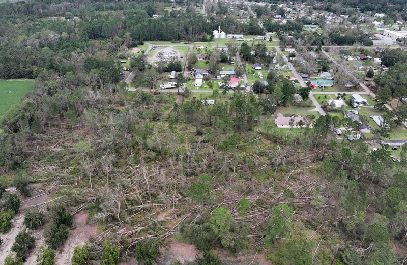 Aerial photo show fallen trees caused by Hurricane Helene in Alapaha, Tuesday, October 1, 2024. Recovery efforts continue Sunday across Georgia’s 159 counties after Helene barreled through the state, causing catastrophic damage, flooding and at least 25 deaths. More than 400,000 people were still without power statewide after Helene entered South Georgia as a Category 2 hurricane around 1 a.m. Friday. Homes were destroyed, and neighborhoods were flooded across the state. (Hyosub Shin / AJC)