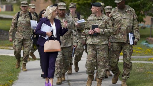 Army Secretary Christine Wormuth walks during a tour with soldiers at Fort Jackson, a U.S. Army Training Center, Wednesday, Sept. 25, 2024, in Columbia, S.C. (AP Photo/Chris Carlson)