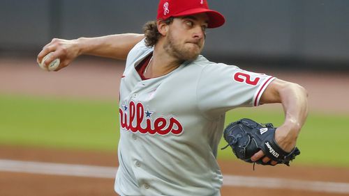 Aaron Nola #27 of the Philadelphia Phillies delivers a pitch in the first inning of an MLB game against the Atlanta Braves at Truist Park on May 9, 2021, in Atlanta, Georgia. (Todd Kirkland/Getty Images/TNS)