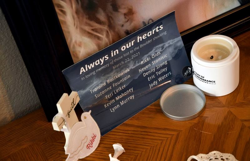 A tribute to Rikki Olds, who was fatally shot along with nine other people at a grocery store in Boulder, Colo., in 2021, is set up in her grandmother's home in Lafayette, Colo., Tuesday, Aug. 27, 2024. (AP Photo/Thomas Peipert)