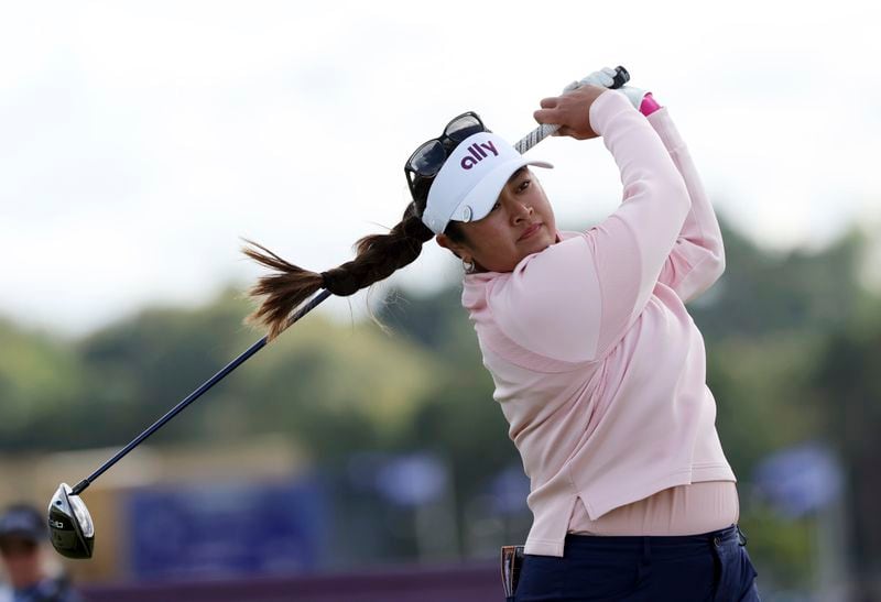 United States' Lilia Vu plays her shot on the 4th during the third round of the Women's British Open golf championship, in St Andrews, Scotland Saturday, Aug. 24, 2024. (AP Photo/Scott Heppell)