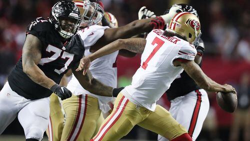 December 18, 2016, ATLANTA: Falcons defensive tackle Ra’Shede Hageman runs down 49ers quarterback Colin Kaepernick for a sack and 13 yard loss during the third quarter in an NFL football game on Sunday, Dec. 18, 2016, in Atlanta. Curtis Compton/ccompton@ajc.com