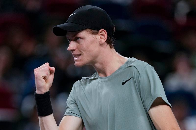 Jannik Sinner of Italy reacts during the men's singles match against Tomas Martin Etcheverry of Argentina in the Shanghai Masters tennis tournament at Qizhong Forest Sports City Tennis Center in Shanghai, China, Sunday, Oct. 6, 2024. (AP Photo/Andy Wong)