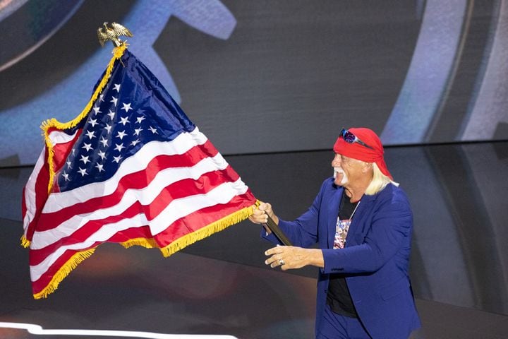 Hulk Hogan appears at Fiserv Forum in Milwaukee on Thursday, July 18, 2024, the fourth day of the Republican National Convention. (Arvin Temkar / AJC)