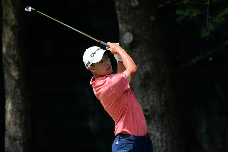 Collin Morikawa hits from the eighth tee during the second round of the Travelers Championship golf tournament at TPC River Highlands, Friday, June 21, 2024, in Cromwell, Conn. (AP Photo/Seth Wenig)