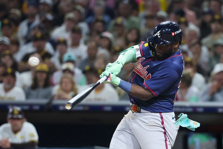 Atlanta Braves’ Michael Harris singles against the San Diego Padres during the sixth inning of National League Division Series Wild Card Game Two at Petco Park in San Diego on Wednesday, Oct. 2, 2024.   (Jason Getz / Jason.Getz@ajc.com)