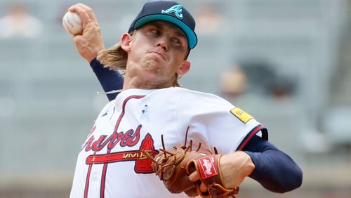 Braves starting Hurston Waldrep (30) throws to a Tampa Bay Rays batter on Sunday, June 16, 2024, in Atlanta. 
(Miguel Martinez/ AJC)