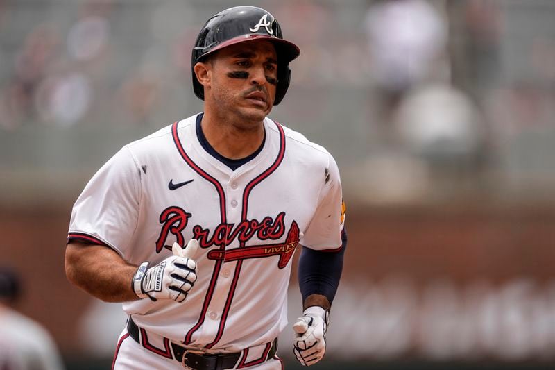 Atlanta Braves' Ramón Laureano (18) rounds the bases after his solo homer against the Detroit Tigers in the fourth inning of a baseball game, Wednesday, June 19, 2024, in Atlanta. (AP Photo/Mike Stewart)