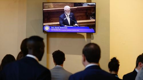 Lobbyists watch Sen. Randy Roberston (R-Cataula) as he speaks about the Buckhead Bill on day 27 of the legislative session on Thursday, March 2,  2023. (Natrice Miller/ Natrice.miller@ajc.com)