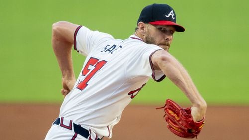 Braves starting pitcher Chris Sale (51) delivers to a Colorado Rockies batter in the first inning at Truist Park on Tuesday, Sept. 3, 2024, in Atlanta. (Arvin Temkar / AJC)