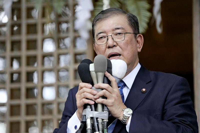 Japan's former Defense Minister Shigeru Ishiba announces his candidacy of the Liberal Democratic Party's presidential election, in Yazu town, Tottori prefecture, Japan, on Aug. 24, 2024. (Kyodo News via AP)