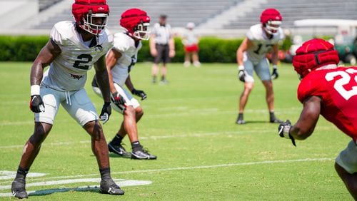 Georgia senior inside linebacker Smael Mondon Jr. (2) lines up in coverage for the Bulldogs' No. 1 defense against freshman Jaden Reddell during the a scrimmage on Saturday, Aug. 17, 2024, at Sanford Stadium. (Tony Walsh/UGAAA)