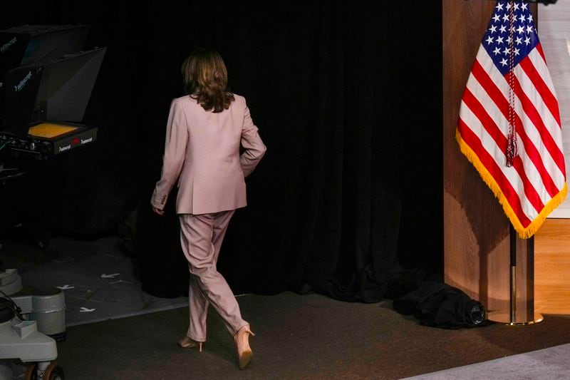 Democratic presidential nominee Vice President Kamala Harris Vice walks off stage after finishing her interview with members of the National Association of Black Journalists at the WHYY studio in Philadelphia, Tuesday, Sept. 17, 2024. (AP Photo/Jacquelyn Martin)