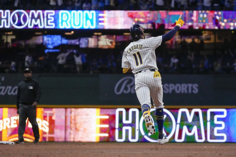 Milwaukee Brewers' Jackson Chourio hits a home run during the first inning of Game 2 of a National League wild card baseball game against the New York Mets Wednesday, Oct. 2, 2024, in Milwaukee. (AP Photo/Morry Gash)