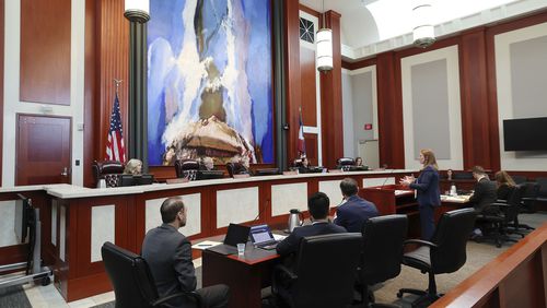 Taylor Meehan, right, an attorney for the Utah Legislature, defends a proposed constitutional amendment before the Utah Supreme Court in Salt Lake City on Wednesday, Sept. 25, 2024. (Jeffrey D. Allred/The Deseret News via AP, Pool)