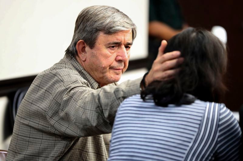 Antonios Pagourtzis, left, reacts as he and his wife, Rose Marie Kosmetatos, listen as Galveston County Court Judge Jack Ewing reads the jury's verdict Monday, Aug. 19, 2024, at the Galveston County Courthouse in Galveston, Texas. (Jennifer Reynolds/The Galveston County Daily News via AP, Pool)