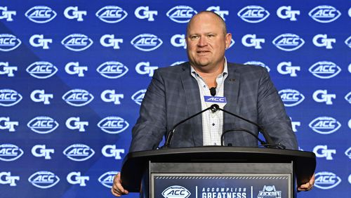 Georgia Tech coach Brent Key speaks during the ACC NCAA college football media days, Monday, July 22, 2024, in Charlotte, N.C. (AP Photo/Matt Kelley)