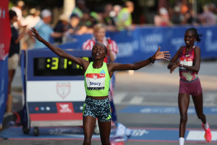 Stacy Ndiwa wins the women’s elite runner division of the 55th running of the Atlanta Journal-Constitution Peachtree Road Race in Atlanta on Thursday, July 4, 2024.   (Jason Getz / AJC)