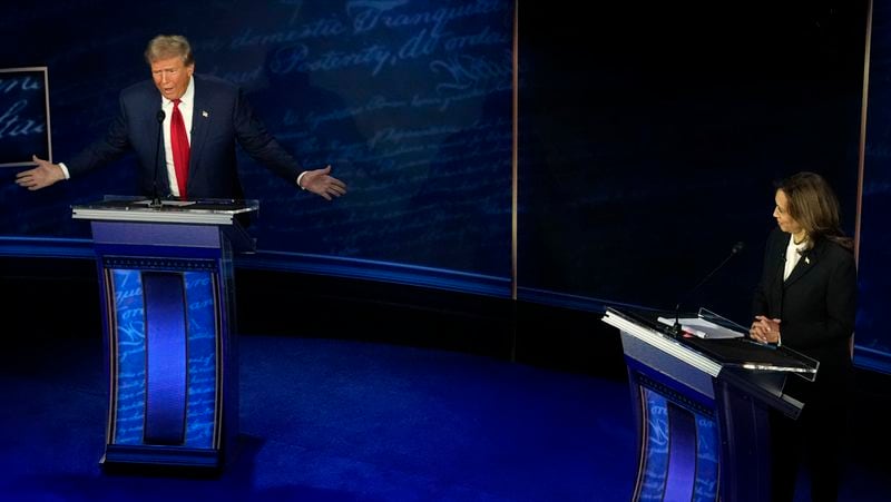 Republican presidential nominee former President Donald Trump and Democratic presidential nominee Vice President Kamala Harris participate during an ABC News presidential debate at the National Constitution Center, Tuesday, Sept.10, 2024, in Philadelphia. (AP Photo/Alex Brandon)