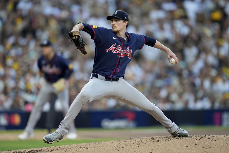 Atlanta Braves starting pitcher Max Fried throws to a San Diego Padres batter during the first inning in Game 2 of an NL Wild Card Series baseball game Wednesday, Oct. 2, 2024, in San Diego. (AP Photo/Gregory Bull)