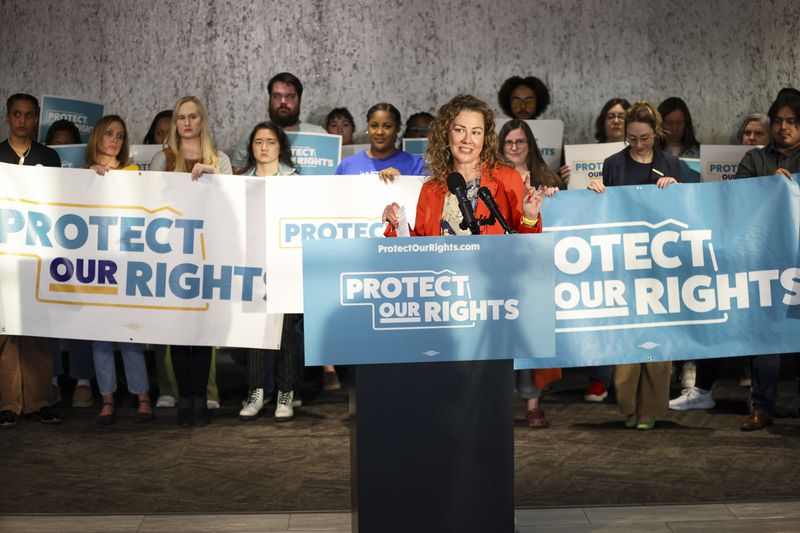 FILE - Andi Grubb, Planned Parenthood Advocates of Nebraska, speaks during the Protect Our Rights Abortion Rights Ballot Initiative launch, Thursday, Nov. 16, 2023, in Omaha, Neb. (Nikos Frazier/Omaha World-Herald via AP, File)