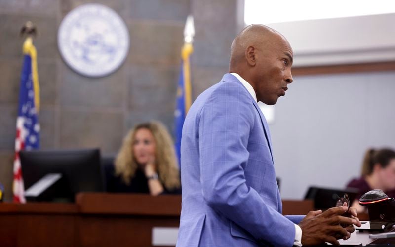 Carl Arnold, attorney for Duane "Keffe D" Davis, who is accused of orchestrating the 1996 slaying of hip-hop icon Tupac Shakur, speaks in court at the Regional Justice Center in Las Vegas, Tuesday, June 25, 2024. (K.M. Cannon/Las Vegas Review-Journal via AP, Pool)