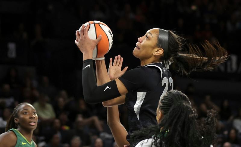 Las Vegas Aces center A'ja Wilson (22) drives to the basket during the first half of the team's WNBA basketball game against the Seattle Storm on Wednesday, June 19, 2024, in Las Vegas. (Steve Marcus/Las Vegas Sun via AP)